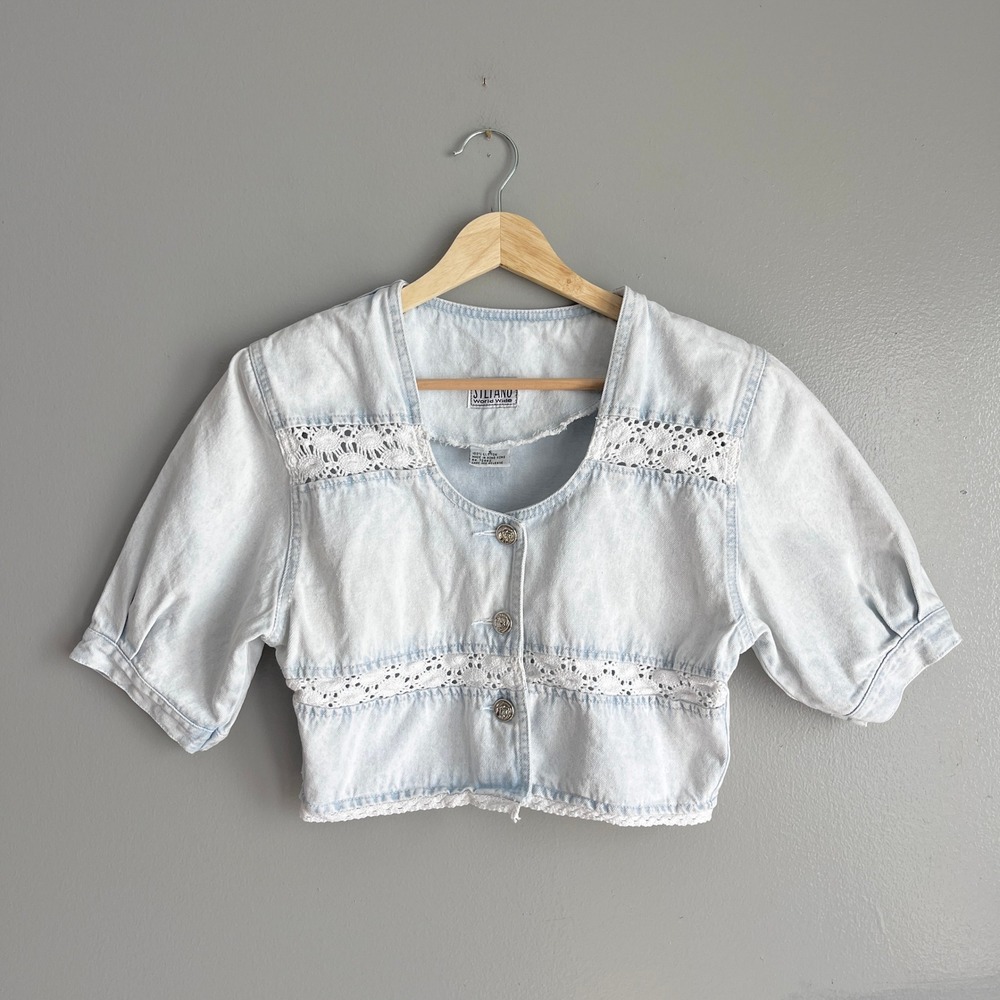 Stefano World Wide Vintage Light Wash Denim Lace Inset Cropped Jacket Top Small